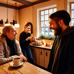 **

A cozy Gamla Stan café interior, warmly lit with candles. A barista, visibly stressed but smiling, is serving coffee to a diverse group of customers huddled together, sharing stories and laughter. Focus on capturing the feeling of community and resilience.  (Keywords: Swedish café, Gamla Stan, community, warmth, resilience, coffee, storytelling)

**
