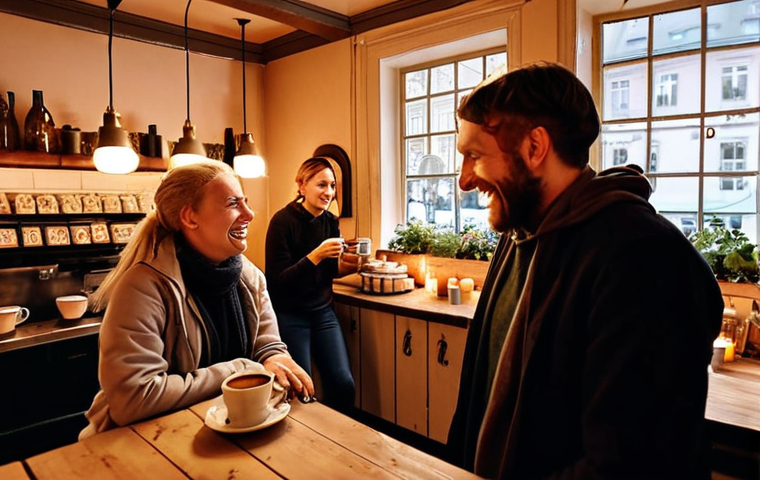 **

A cozy Gamla Stan café interior, warmly lit with candles. A barista, visibly stressed but smiling, is serving coffee to a diverse group of customers huddled together, sharing stories and laughter. Focus on capturing the feeling of community and resilience.  (Keywords: Swedish café, Gamla Stan, community, warmth, resilience, coffee, storytelling)

**